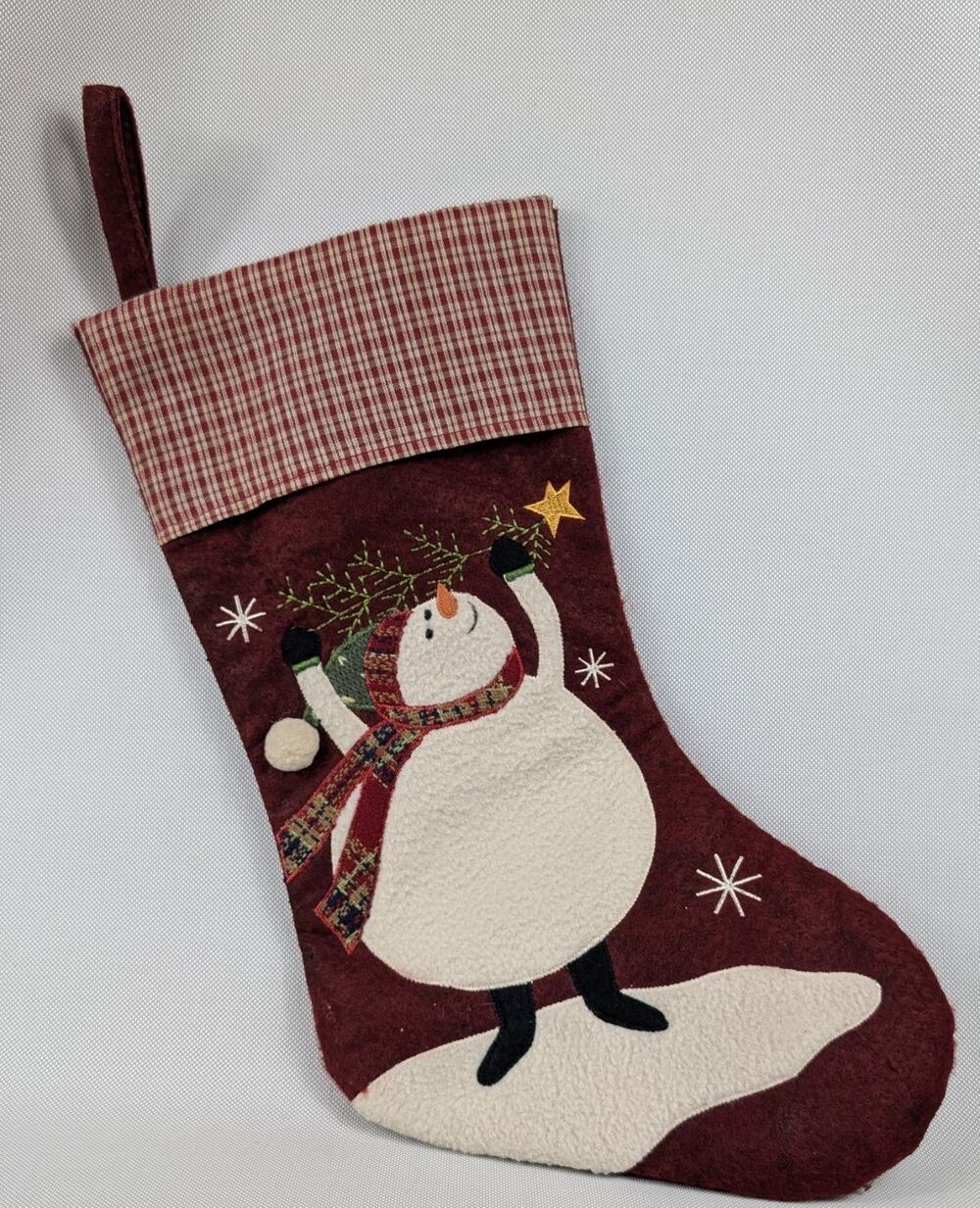 Vintage Felt Applique Christmas Stocking Snowman Blue Handmade Cottage Country